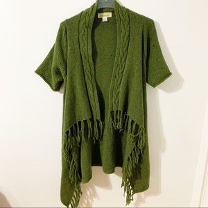 Irelandseye Fringe Wool Short Sleeve Open Front Cardigan Sweater Hi-Lo Cableknit